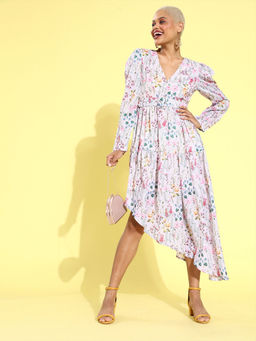 Magre - Multi Printed Satin Asymmetric Flared Dress With Belt