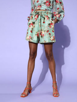 Magre - Multi-Color Lurex Printed Waist Ruffle Shorts With Belt (XS)