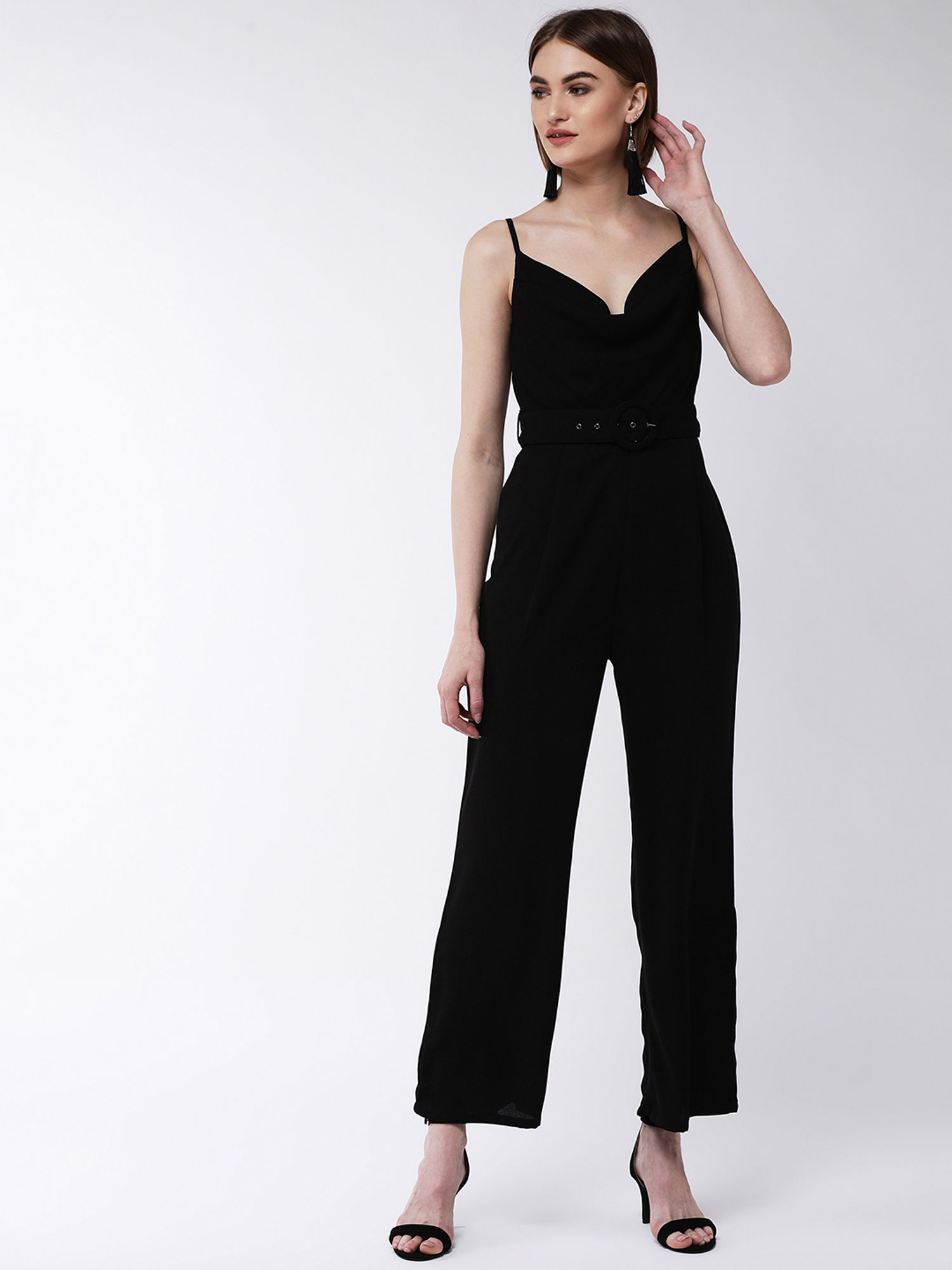Magre Black Solid Jumpsuit with Belt 