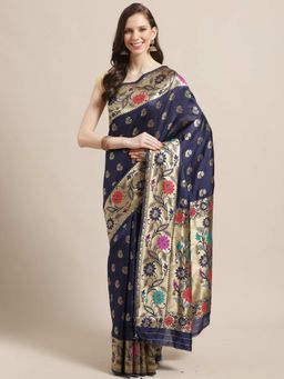 Sareemall - Navy Blue Floral Printed Saree