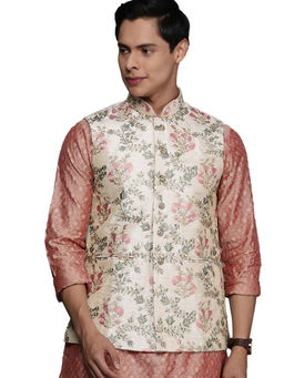 Manyavar - Beige Silk Nehru Jacket for Men