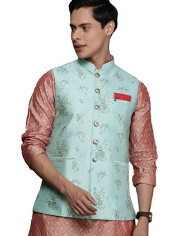 Manyavar - Blue Silk Nehru Jacket for Men