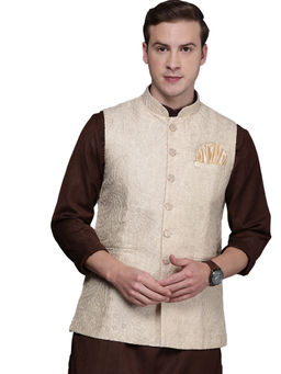 Manyavar - Beige Silk Nehru Jacket for Men