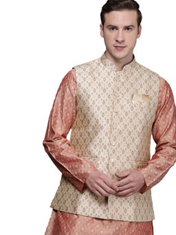Manyavar - Beige Silk Nehru Jacket for Men