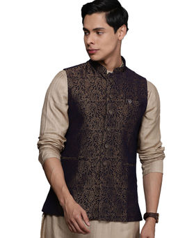 Manyavar - Navy Blue Viscose Rayon Waistcoat for Men