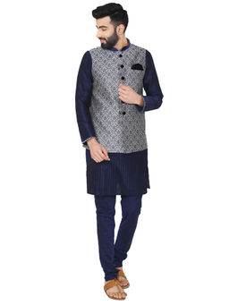 Manyavar - Grey Silk Blend Kurta Jacket Churidar for Men (Set of 3)
