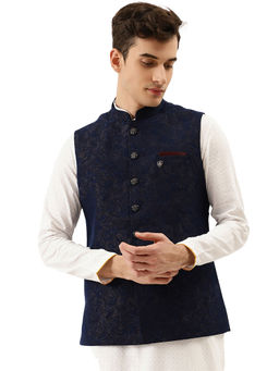 Manyavar - Navy Blue Viscose Rayon Ethnic Waistcoat for Men