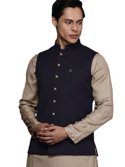 Manyavar - Navy Blue Viscose Rayon Waist Coat for Men
