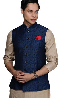 Manyavar - Blue Viscose Rayon Waistcoat for Men