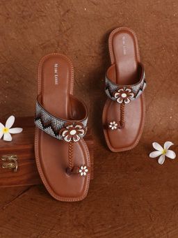 Marc Loire - Embroidered Tan T-Straps Flats