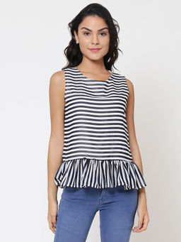 Martini - Blue Stripe Ruffle Hem Sleeveless Top