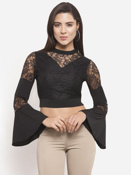 Martini - Women Bell Sleeve Black Lace Crop Top
