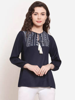 Martini - Navy Blue Off White Rayon Tassel Top