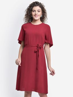 Martini - Maroon Flounce Sleeve Belt Dress