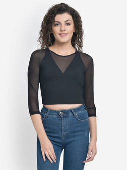 Martini - Women Black Mesh Sleeve Crop Top