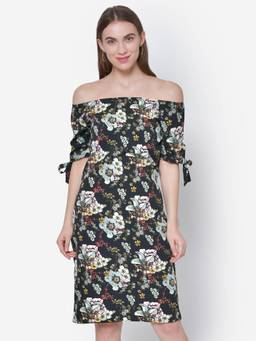 Martini - Black Floral Print Off Shoulder Dress