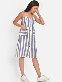 Martini - Women Blue White Stripe Cotton Strap Dress