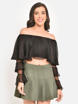 Martini - Women Black Off Shoulder Frill Sleeve Cape Top