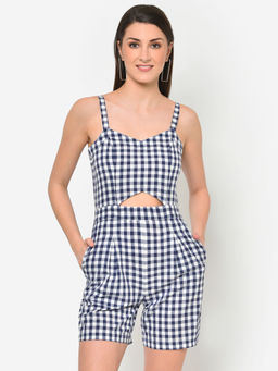 Martini - Women Blue White Checks Waist Cut-out Playsuit