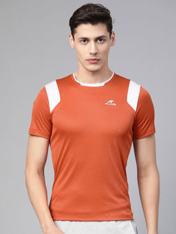 Alcis - Rust Orange White Self-Checked Round Neck Running T-Shirt