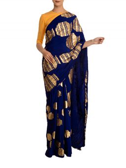 Masaba - Blue Tribal Vase Crushed Saree With Yellow Blouse Piece