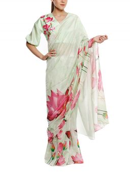 Masaba - Mint Lotus Saree With Lotus Print Blouse