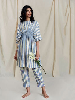 Mati - Off White & Blue Agira Pleated Striped Tunic - Customisable