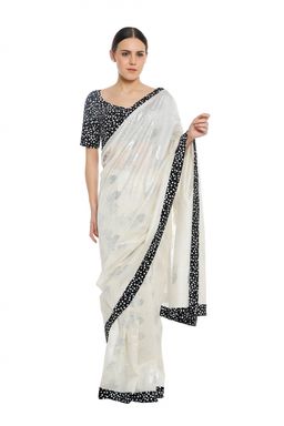 Masaba - Ivory White Rabbit Saree With Monochrome Polka Border & Blouse Piece
