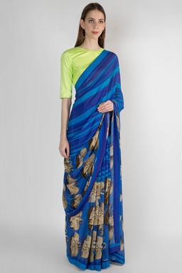 Masaba - Blue Temple Swan & Stripes Digital Print Sari With Parrot Green Unstitched Blouse