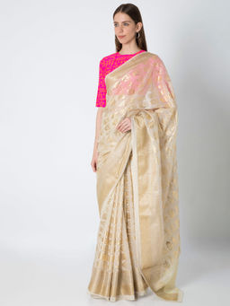 Masaba - Beige Arrows Foil Print Banarasi Saree With Blouse Piece