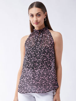 Magre - Black Pink Print High Neck Front Key Hole Top