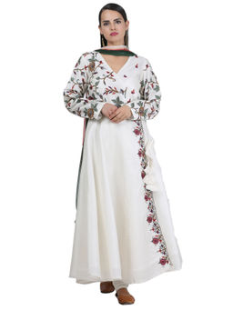 Kaanchie Nanggia - White Cotton Silk Embroidered Kurta With Churidar And Dupatta Set (Set of 3)