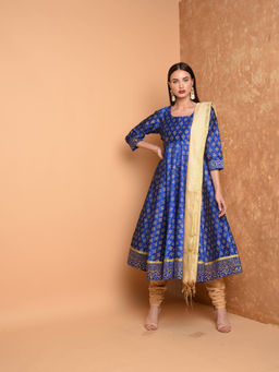 Kaanchie Nanggia - Blue Silk Hand Painted Kurta And Churidar With Dupatta (Set Of 3)