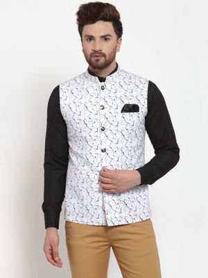 white printed nehru jacket