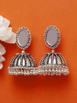Moedbuille - Handcrafted Silver Mirror Work Antique Temple Design Chandelier Jhumkas