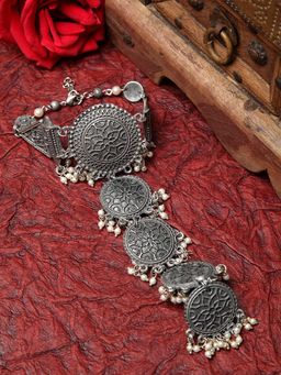Moedbuille - Pearls Studded Afghan Design Oxidised Silver Plated Handcrafted Ring And Bracelet