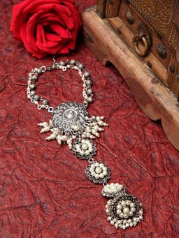 Moedbuille - Pearls Studded Afghan Design Oxidised Silver Plated Handcrafted Ring And Bracelet