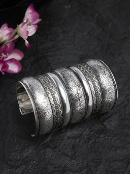 Moedbuille - Engraved Motifs Detailing Oxidised Silver Plated Handcrafted Tribal Cuff Bracelet