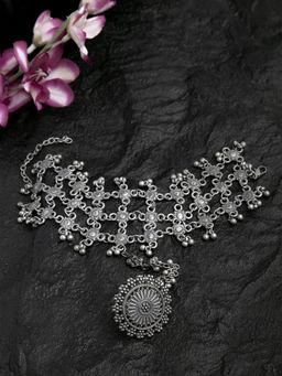Moedbuille - Floral Design Filigree Work Oxidised Silver Plated Handcrafted Tribal Ring And Bracelet