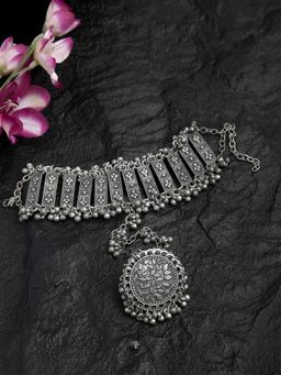 Moedbuille - Floral Design Filigree Work Oxidised Silver Plated Handcrafted Tribal Ring And Bracelet
