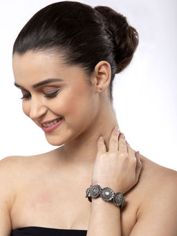 Moedbuille - Stones Studded Filigree Work Oxidised Silver Plated Handcrafted Floral Bracelet