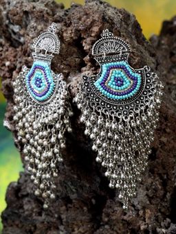 Moedbuille - Handcrafted Turquoise Blue Multi layer Beads Afghan Design Silver Plated Brass Chandbalis