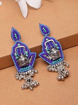 Moedbuille - Handcrafted Turquoise Blue Beads Afghan Design Tasselled Look Antique Oxidised Jhumkas