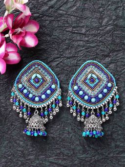 Moedbuille - Handcrafted Blue Beads Afghan Design Tasselled Look Tribal Oxidised Jhumkas