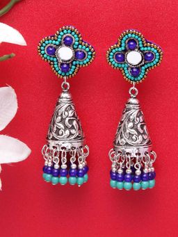 Moedbuille - Handcrafted Blue Beads Filigree Work Afghan Antique Design Oxidised Temple Jhumkas