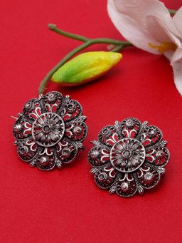 Moedbuille - Handcrafted Filigree Work Antique Temple Design Floral Shape Oxidised Clip-On Studs