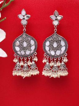 Moedbuille - Handcrafted Mirror Pearl Studded Filigree Work Antique Temple Design Oxidised Jhumkas