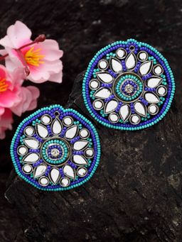 Moedbuille - Mirror & Turquoise Blue Beads Afghan Tribal Design Antique Oxidised Handcrafted Studs