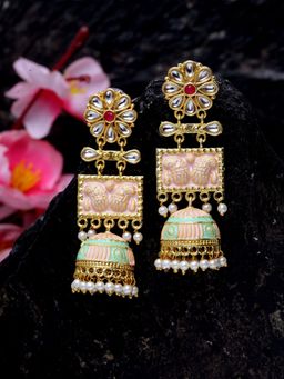 Moedbuille - Handpainted Pink Meenakari Work Kundan Pearl & Stone Studded Temple Chandelier Jhumkas