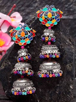 Moedbuille - Handpainted Multi Color Beads Studded Afghan design Antique Oxidised Chandelier Jhumkas
